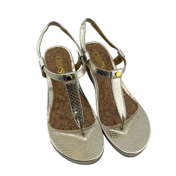 Chaps Gold Snake Print T Strap Slingback Wedge Sandals Women's Size 6.5 - Picture 1 of 8